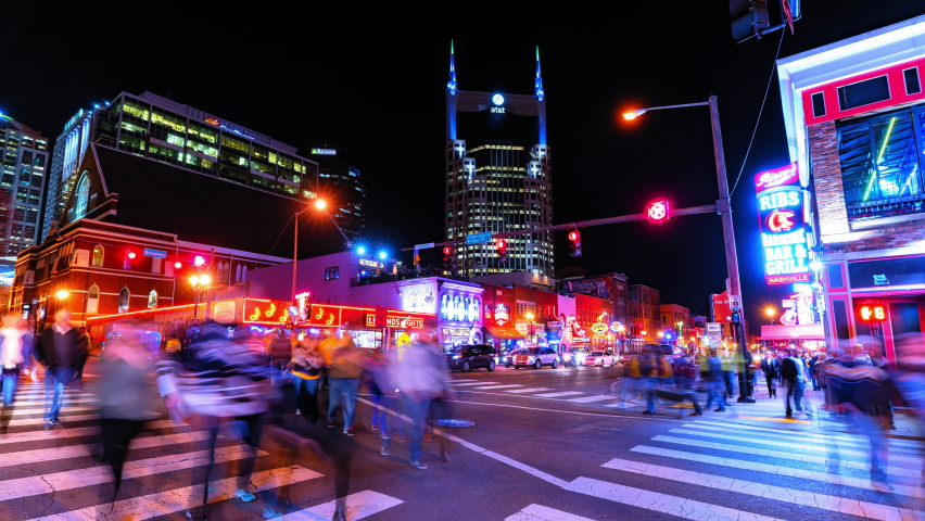 Lockdown Time Lapse Shot Of People Walking In City During Night - Nashville, Tennessee