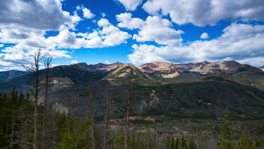 Aerial Panning Time Lapse Shot Of Forest On Rocky Mountain Range Under Cloudy Sky - Rocky Mountain National Park, Colorado