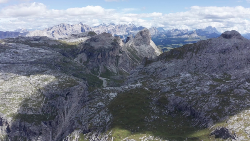 Amazing aerial landscape at Dolomites. View on Gardenaccia and Sella massif. Alta Badia, Sud Tirol, Italy