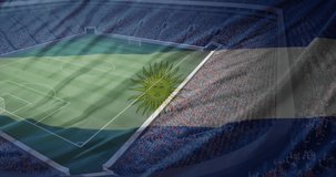 Animation of sports stadium over flag of argentina. Global patriotism, celebration, sport and digital interface concept digitally generated video.