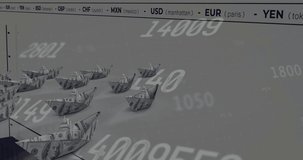 Animation of data processing over boats of banknotes. Global business, finances and digital interface concept digitally generated video.