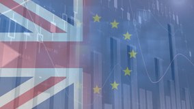 Animation of data processing over flags of european union and united kingdom. Global business, finances, brexit and digital interface concept digitally generated video. - Powered by Shutterstock - Get 15% off with code: PIKWIZARD15