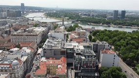 Aerial video of Sava river and central Belgrade, Serbia
