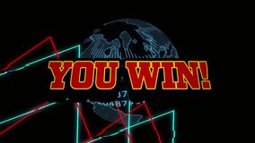 Animation of you win text over shapes and globe on black background. Retro, social media and digital interface concept digitally generated video. - Powered by Shutterstock - Get 15% off with code: PIKWIZARD15