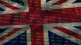 Animation of stock market data processing over waving uk flag against microprocessor connections. National economy and business technology concept - Powered by Shutterstock - Get 15% off with code: PIKWIZARD15