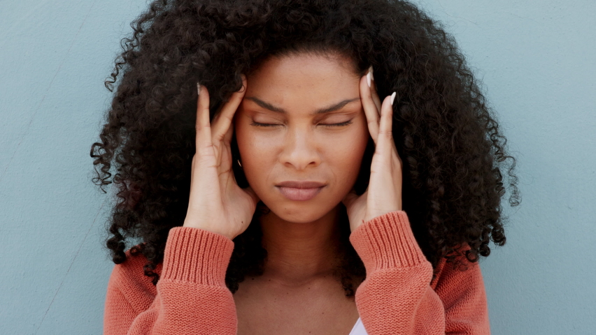 Black woman with headache, stress or burnout woman for depression, mental health or anxiety. Sick, angry or frustrated student girl with scholarship debt, university finance or school loan problem Royalty-Free Stock Footage #1096408303