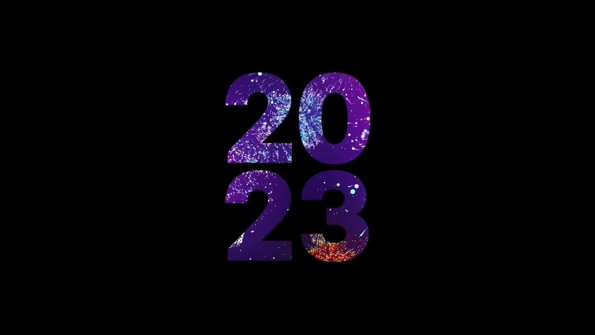 Happy New Year 2023 neon light brightly glowing. Firework 2023 happy New Year dark night sky background with decoration with a neon number on black background. 4K Video. Royalty-Free Stock Footage #1096409379