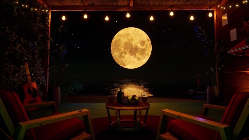 A cozy summer terrace on the ocean with a view of the night sky and the full moon. The concept of rest, relaxation, vacation. | Shutterstock HD Video #1096411329