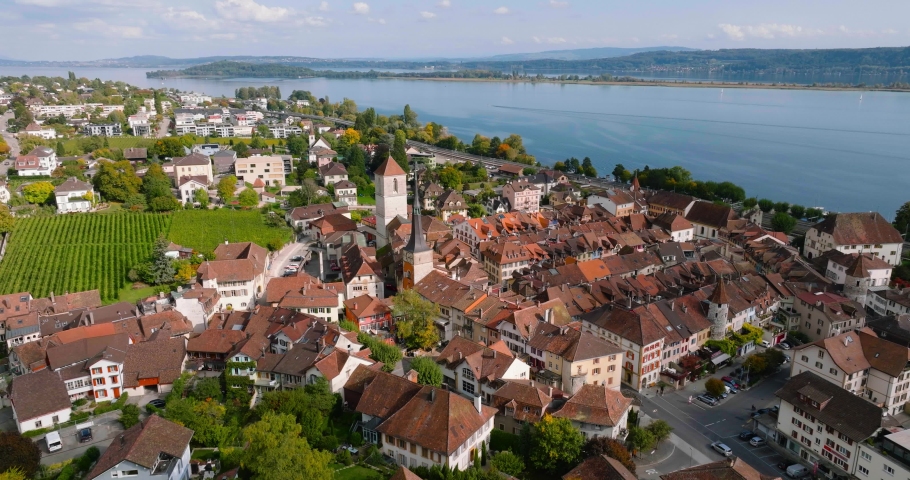 Aerial view of the town of La Neuveville on the shores of Lake Biel, Switzerland