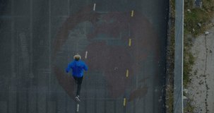Animation of financial data processing over man running on street. Global finances, computing and digital interface concept digitally generated video.
