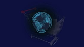Animation of globe over shopping cart. Global finances, shopping and digital interface concept digitally generated video.