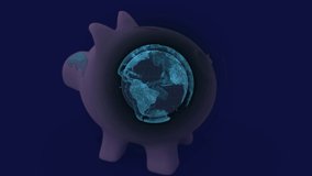 Animation of globe over piggy bank. Global finances, shopping and digital interface concept digitally generated video.