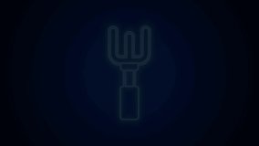 Glowing neon line Garden rake icon isolated on black background. Tool for horticulture, agriculture, farming. Ground cultivator. Housekeeping equipment. 4K Video motion graphic animation .