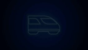 Glowing neon line High-speed train icon isolated on black background. Railroad travel and railway tourism. Subway or metro streamlined fast train transport. 4K Video motion graphic animation .