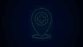 Glowing neon line Medical map pointer with cross hospital icon isolated on black background. 4K Video motion graphic animation .