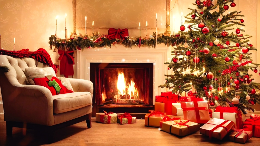 Flames in the fireplace. Fireplace in a Christmas decorated room. Loop, 18 seconds, 18s Royalty-Free Stock Footage #1096431529