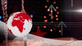 Animation of globe and arrows over christmas decorations. Christmas, tradition and celebration concept digitally generated video.