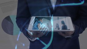 Animation of dna strand and network of connections over businessman using tablet in office. Global business, finance, connections, networks and data processing concept digitally generated video. - Powered by Shutterstock - Get 15% off with code: PIKWIZARD15