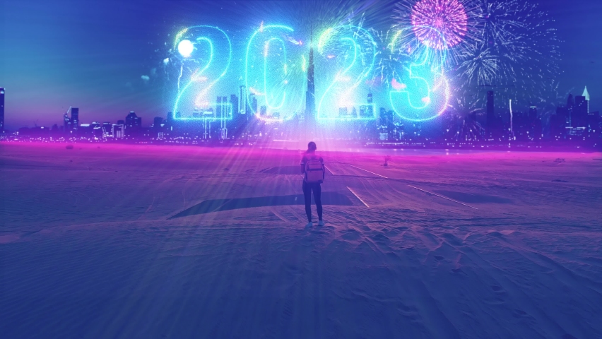 Aerial. Fireworks and laser show in the sky above Dubai city, view from desert. Female traveller looks at fireworks. Royalty-Free Stock Footage #1096437077
