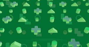 Animation of confetti falling over rows of christmas pattern moving on green background. Christmas, festivity, celebration and tradition concept digitally generated video.
