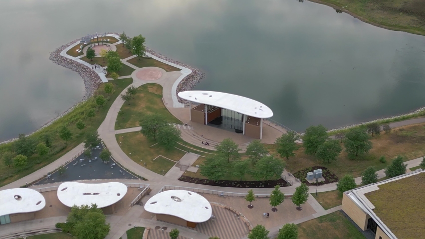 4K Maple Grove, MN Amphitheatre Town Green Aerial View Orbit Zoom Out