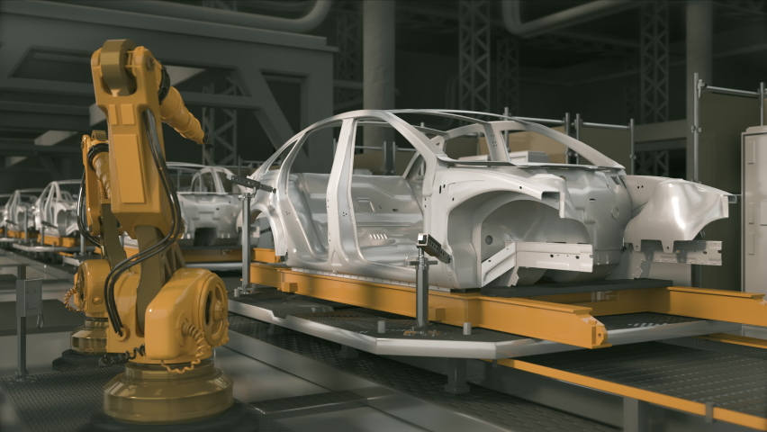 Car Factory 3D Concept: Automated Robot Arm Assembly Line Manufacturing High-Tech Green Energy Electric Vehicles. Construction, Building, Welding Industrial Production Conveyor. Loop 3d