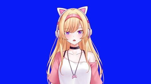 Anime girl Vtuber on blue screen interact with viewers, virtual template 4Kの動画素材
