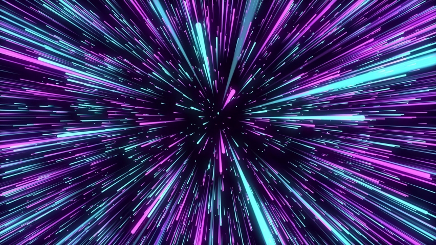 Abstract blue hyper jump. Digital hyperspace with flow of bright particles. Beams motion in galaxy. Big stars explosion. Space glowing tunnel moving at the speed of light. 3d rendering.