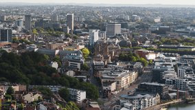Establishing Aerial View Shot of Bristol UK, United Kingdom, superb soft cinematic light, city center