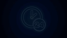 Glowing neon line Clock 24 hours icon isolated on black background. All day cyclic icon. 24 hours service symbol. 4K Video motion graphic animation .