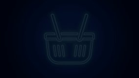 Glowing neon line Shopping basket icon isolated on black background. Online buying concept. Delivery service sign. Shopping cart symbol. 4K Video motion graphic animation .