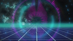 Animation of good vibes only text banner against neon shapes in seamless pattern over grid network. Video game interface and technology concept - Powered by Shutterstock - Get 15% off with code: PIKWIZARD15