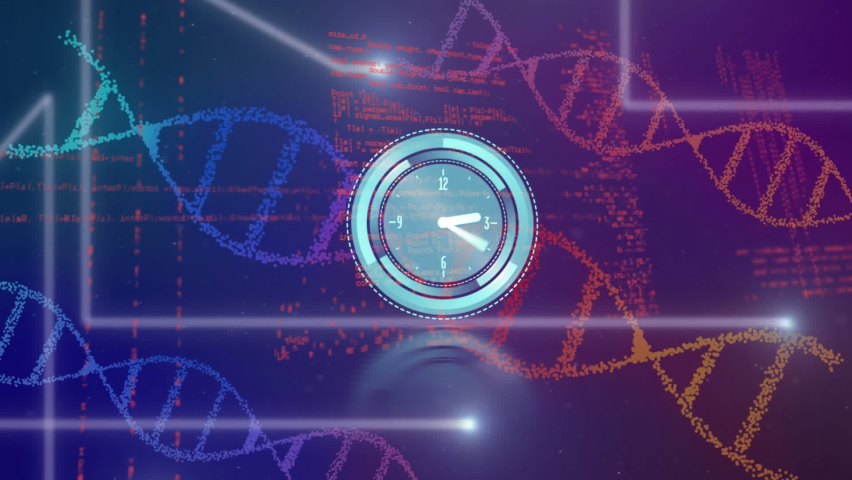 Animation of neon ticking clock over dna structures and data processing on purple background. Computer interface and medical research technology concept - Powered by Shutterstock - Get 15% off with code: PIKWIZARD15