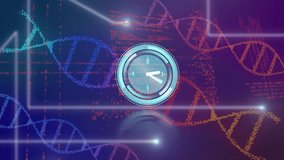 Animation of neon ticking clock over dna structures and data processing on purple background. Computer interface and medical research technology concept - Powered by Shutterstock - Get 15% off with code: PIKWIZARD15