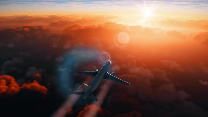 Cinematic view of a commercial airplane making a flight above clouds making a contrail at sunset. Cargo aircraft traveling above orange clouds making a smoke out of engines. Royalty-Free Stock Footage #1096462517