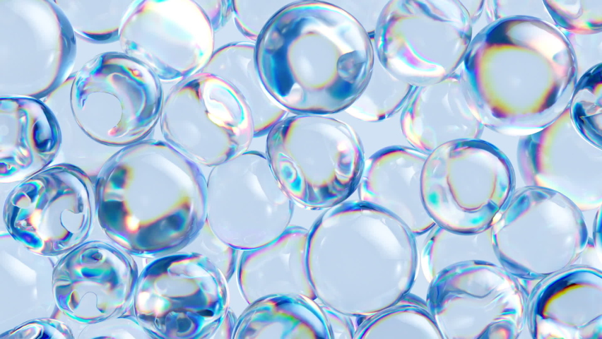 3d animation, iridescent bubbles, translucent jelly balls falling down and filling the screen, abstract background