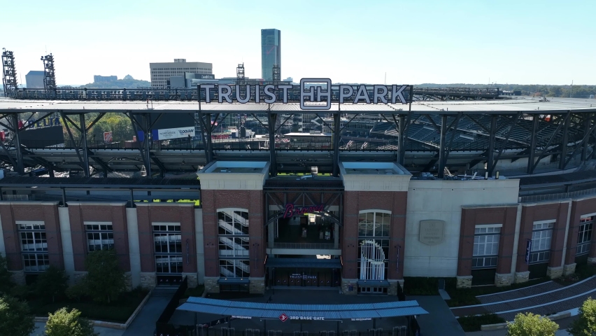 Atlanta , Georgia , United States - 10 24 2022: Truist Park baseball stadium in Atlanta. Home to the Braves. Aerial reveal of MLB field. 