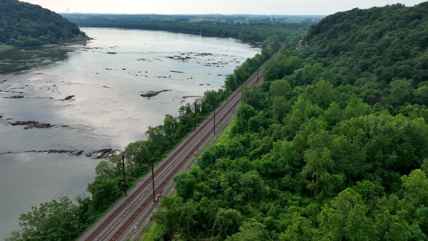 An aerial view of the railroad tracks along the Susquehanna River in Pennsylvania.