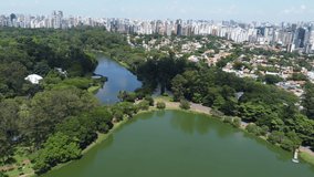Aerial video of Ibirapuera Park, a large urban oasis with lakes and bicycle paths in Sao Paulo, Brazil