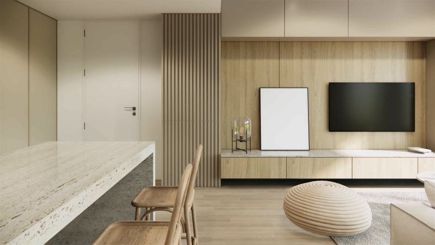 Video 4K interior room design and decoration modern minimal style living and dining area studio apartment. 3d rendering showcase condominium. | Shutterstock HD Video #1096469279