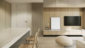 Video 4K interior room design and decoration modern minimal style living and dining area studio apartment. 3d rendering showcase condominium.