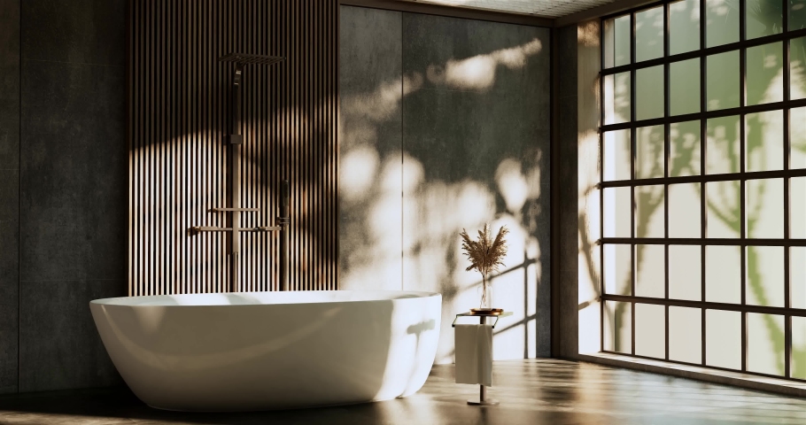 Toilet room modern japanese wabi sabi style. 3D illustration rendering Royalty-Free Stock Footage #1096470735