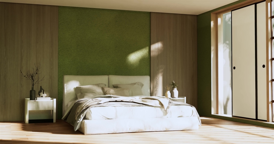 Cyan Mint Circle shelf wall design on bed room japanese deisgn with tatami mat floor. 3D rendering