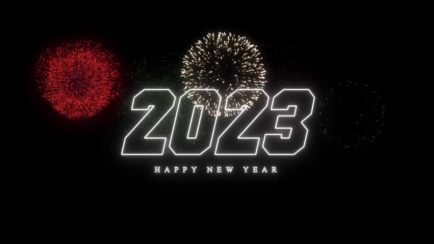 Happy New Year 2023. Firework 2023 happy New Year dark night sky background with decoration with a neon number on black background. illustration winter festival season | Shutterstock HD Video #1096473627