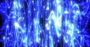 Abstract background blue from pixel particles and lines flying in waves of futuristic hi-tech with the effect of a glow and blurring the background, screensaver, video in high quality 4k