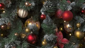 Christmas celebration holiday background - christmas tree decoration bauble ball on decorated Christmas tree, winter holidays concept. Truck slider shot - Powered by Shutterstock - Get 15% off with code: PIKWIZARD15