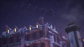 In the Night Santa and his Reindeer Fly over the illuminated City for Christmas 3D Animations Renderings CGI 4K - Powered by Shutterstock - Get 15% off with code: PIKWIZARD15