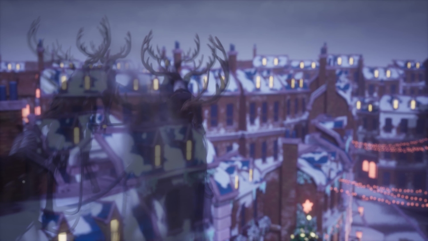 Flying with Santa's Reindeer over a illuminated City for Christmas 3D Animations Renderings CGI 4K Royalty-Free Stock Footage #1096488549