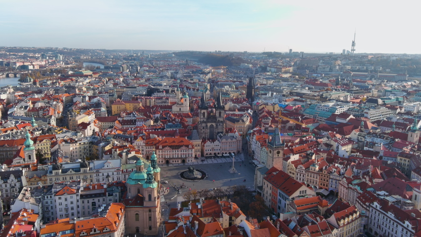 Old Town Square aerial drone shot in the historic center of Prague, the capital of the Czech Republic ft beautiful above view of Tyn and St. Nicholas Church around famous gothic landmarks on sunny day Royalty-Free Stock Footage #1096491855