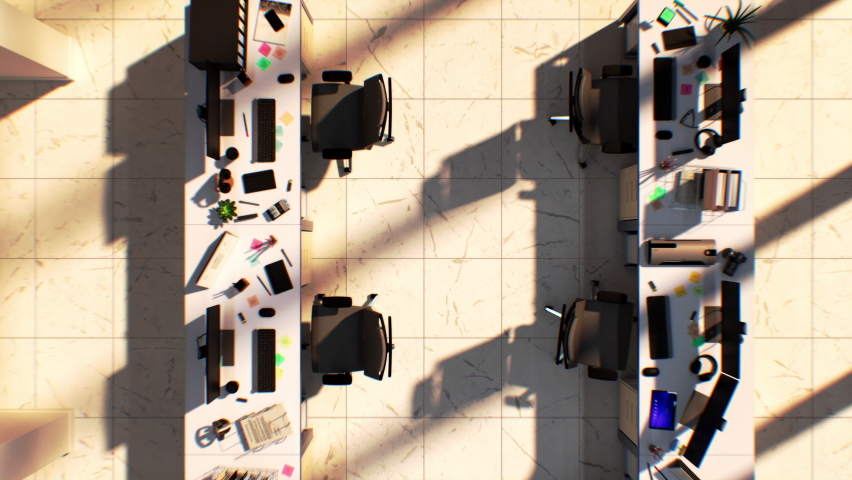 Office Room From Sunrise Till Sunset No People. Empty Office Top Down View Moving Sun Time Lapse. Flying Over Studio Workplaces Without Employees. Business and Creative Concept 3d Animation.    Royalty-Free Stock Footage #1096491971
